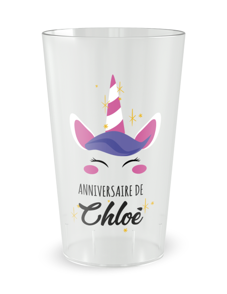 Gobelet transparent de face - Anniversaire Enfant Licorne - Ecocup