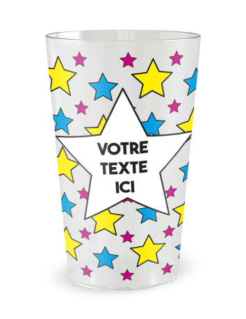 Transparante beker aan de voorkant - verjaardagsbeker blauwe en gele kleurrijke sterren - Ecocup