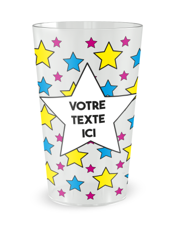 Gobelet transparent de face - Anniversaire Etoiles Colorées Bleues et Jaunes - Ecocup