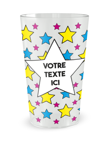Gobelet transparent de face - Anniversaire Etoiles Colorées Bleues et Jaunes - Ecocup