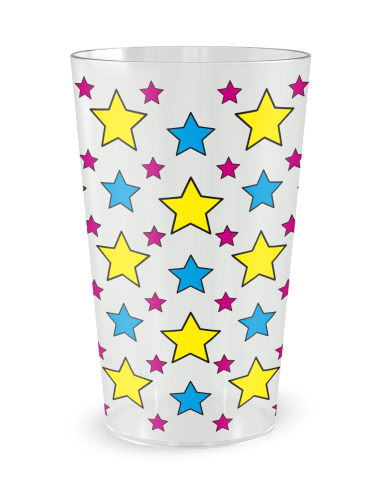 Gobelet transparent de dos - Anniversaire Etoiles Colorées Bleues et Jaunes - Ecocup