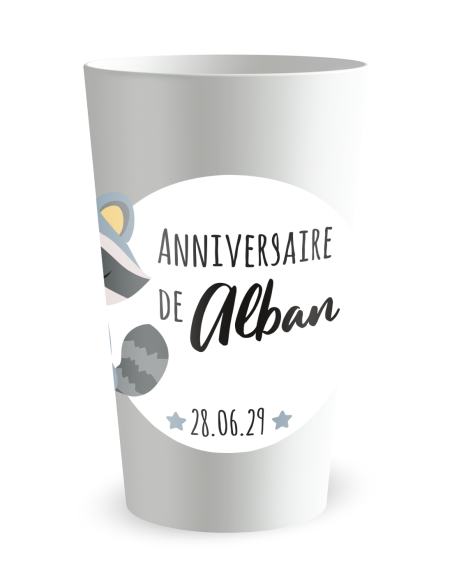 Witte beker aan de voorkant - Verjaardagsbeker Blauwe Wasbeer Kind - Ecocup