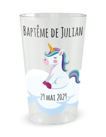 Gobelet transparent de face - Baptême Licorne - Ecocup