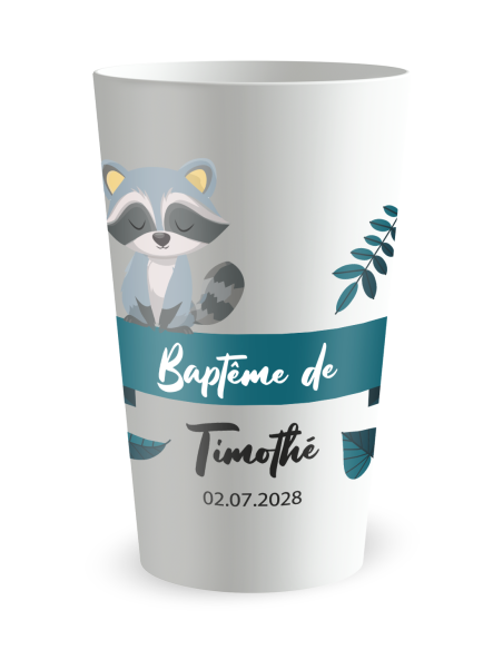 Gobelet blanc de face - Baptême Raton Laveur - Ecocup