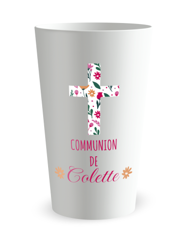 Gobelet blanc de face - communion jolies fleurs - Ecocup