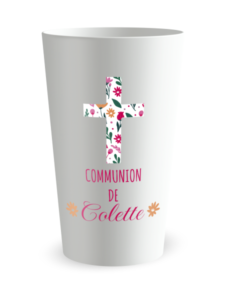 Gobelet blanc de face - communion jolies fleurs - Ecocup