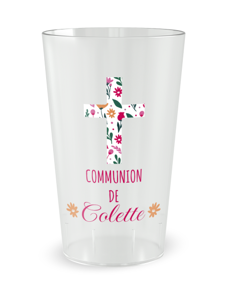 Gobelet transparent de face - communion jolies fleurs - Ecocup