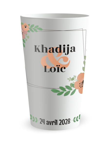 Witte beker aan de voorkant - trouwbeker met bloemenkader - Ecocup