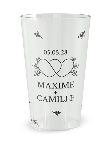 Gobelet transparent - Prénom - mariage cœurs croisés feuilles - Ecocup