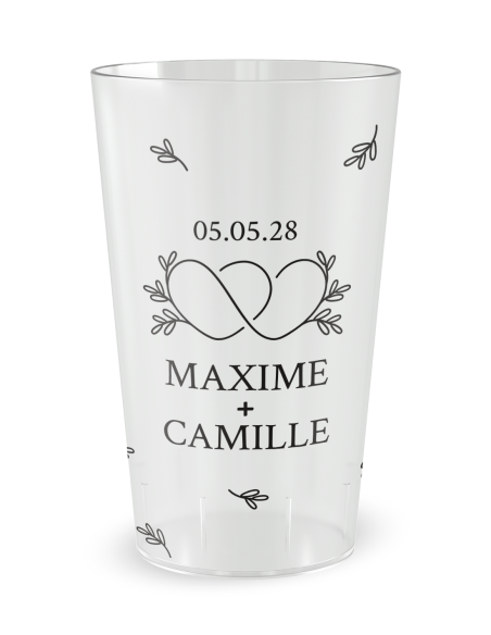 Gobelet transparent - Prénom - mariage cœurs croisés feuilles - Ecocup