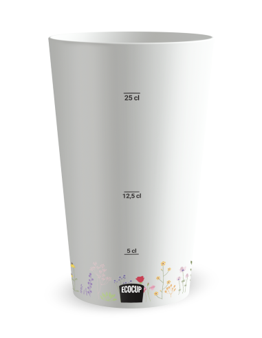 Witte beker met maatverdeling - bruiloftsbeker veldbloemen - Ecocup