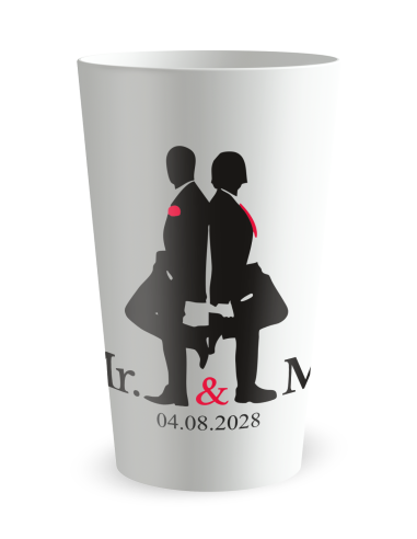 Witte beker aan de voorkant - trouwbeker mister en mister - Ecocup