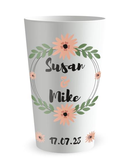 Gobelet blanc de face - mariage fleurs et amour - Ecocup