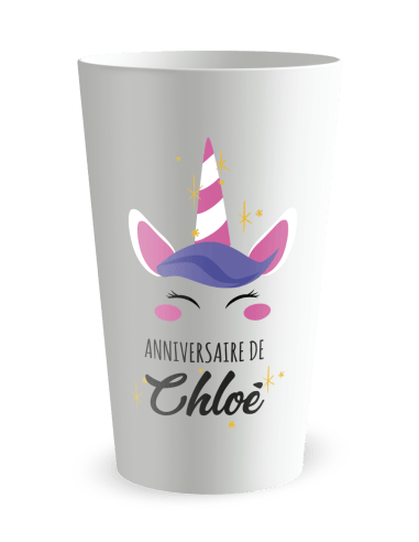 Gobelet blanc de face - Anniversaire Enfant Licorne - Ecocup