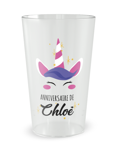 Gobelet transparent de face - Anniversaire Enfant Licorne - Ecocup