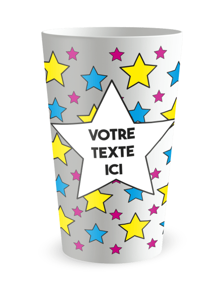 Gobelet blanc de face - Anniversaire Etoiles Colorées Bleues et Jaunes - Ecocup