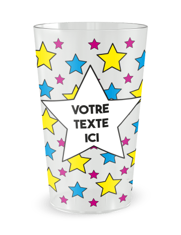 Gobelet transparent de face - Anniversaire Etoiles Colorées Bleues et Jaunes - Ecocup