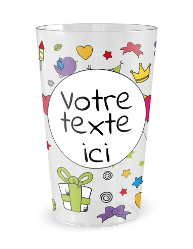 Gobelet transparent de face - Anniversaire Dessins Colorés - Ecocup