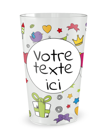 Gobelet transparent de face - Anniversaire Dessins Colorés - Ecocup