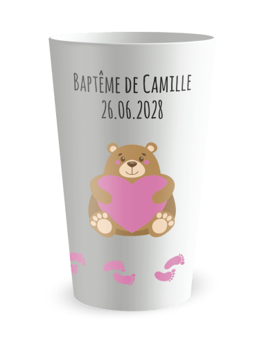 Gobelet blanc de face - Baptême Fille Ourson - Ecocup