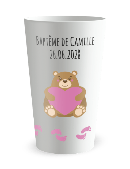 Gobelet blanc de face - Baptême Fille Ourson - Ecocup
