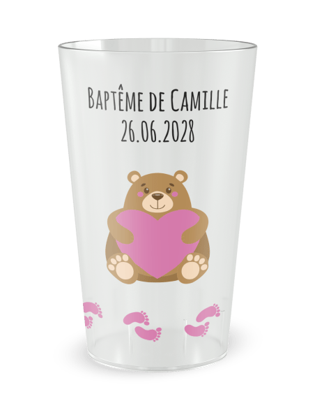 Gobelet transparent de face - Baptême Fille Ourson - Ecocup