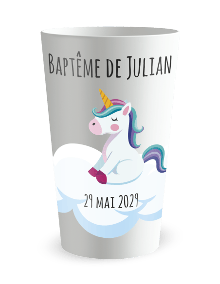 Gobelet blanc de face - Baptême Licorne - Ecocup