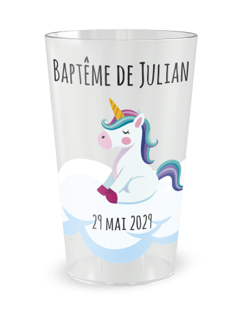 Gobelet transparent de face - Baptême Licorne - Ecocup