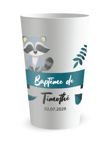 Gobelet blanc de face - Baptême Raton Laveur - Ecocup
