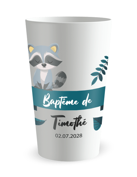 Gobelet blanc de face - Baptême Raton Laveur - Ecocup