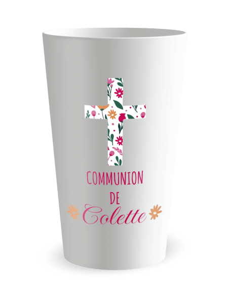 Gobelet blanc de face - communion jolies fleurs - Ecocup