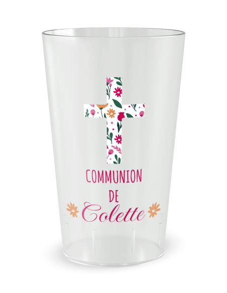 Gobelet transparent de face - communion jolies fleurs - Ecocup