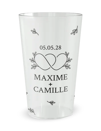 Gobelet transparent - Prénom - mariage cœurs croisés feuilles - Ecocup