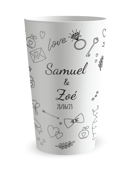 Gobelet blanc - Prénom - mariage dessins à la main - Ecocup