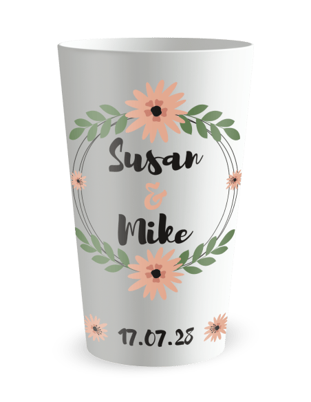 Gobelet blanc de face - mariage fleurs et amour - Ecocup