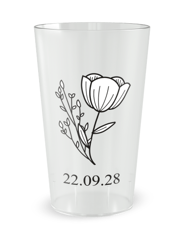 Gobelet transparent de face - mariage initiales fleurs - Ecocup