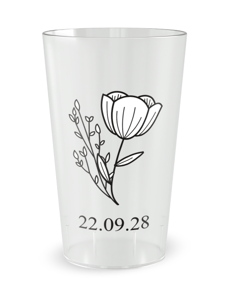 Gobelet transparent de face - mariage initiales fleurs - Ecocup