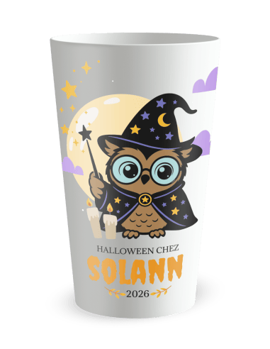 Gobelet blanc de face - Gobelet personnalisé Halloween hibou enfant - Ecocup