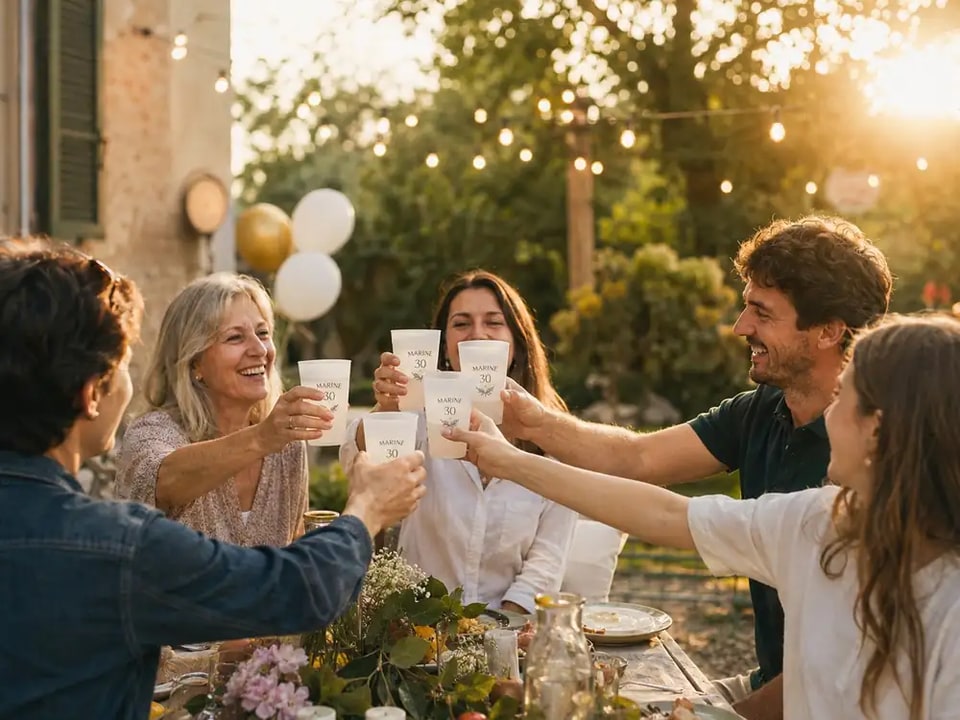 Gobelets Ecocup personnalisés Marine 30 ans lors d'un anniversaire en plein air