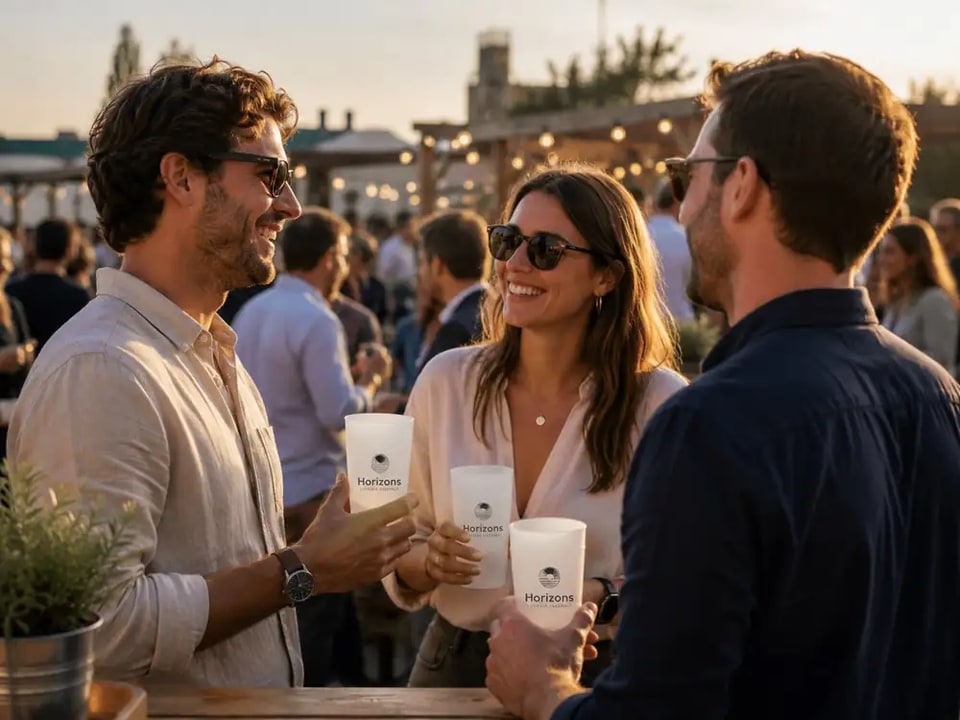 Gobelets Ecocup personnalisés au logo lors d'un événement d'entreprise