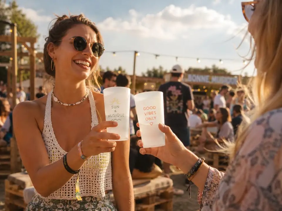 Festivalières trinquant avec leurs gobelets Ecocup personnalisés en plein air