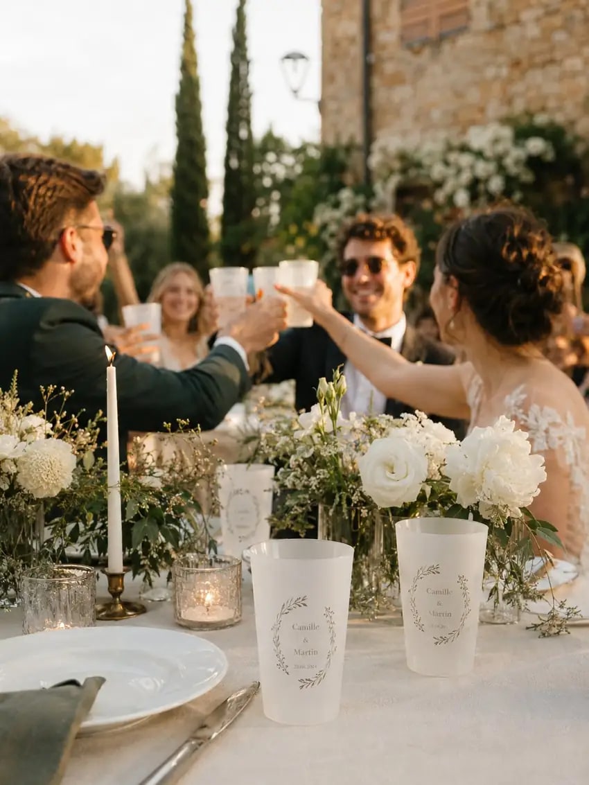 Gobelets Ecocup personnalisés Camille & Martin sur une table de réception de mariage en extérieur